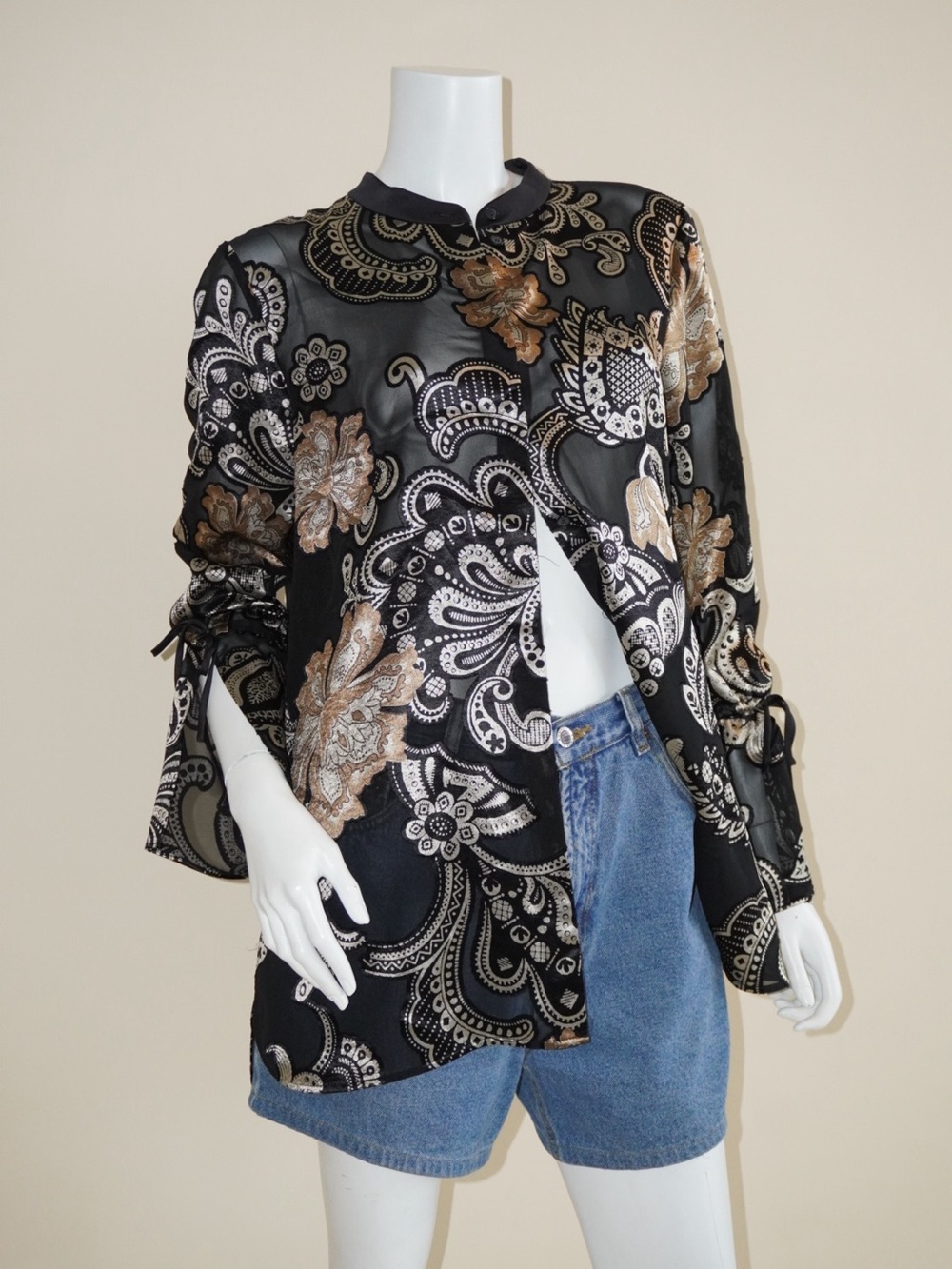 Lafayette 148 Sheer Floral Burnout Velvet Mandarin Collar Blouse - Size Large